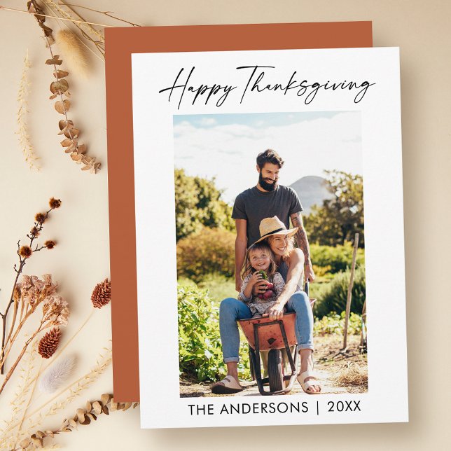 Cartes Pour Fêtes Annuelles Calligraphie Encre Photo Thanksgiving Terracotta (Customize to change your personalized text size, style or to change color of back of card.)