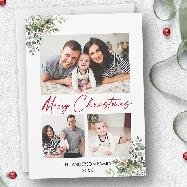 Cartes Pour Fêtes Annuelles Calligraphie Encre rouge 3 Photo Berries vertes (Customize to change your personalized text size or text style.)