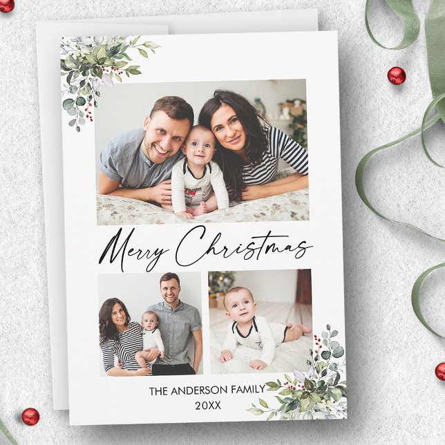 Cartes Pour Fêtes Annuelles Calligraphie Encre Script 3 Photo Greenery Berries (Customize to change your personalized text size or text style.)