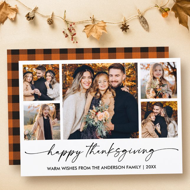 Cartes Pour Fêtes Annuelles Calligraphie Encre Script 5 Photo Plaid Thanksgivi (Customize to change your personalized text size or text style.)