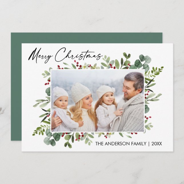 Cartes Pour Fêtes Annuelles Calligraphie Encre Script Aquarelle Baies vertes (Devant / Derrière)