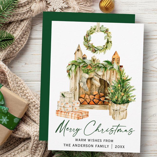 Cartes Pour Fêtes Annuelles Calligraphie Encre Script Aquarelle Pins Coeur (Customize to change your personalized text size, style or change color of back of card.)