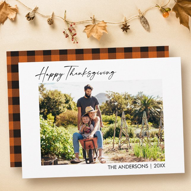 Cartes Pour Fêtes Annuelles Calligraphie Encre Script Orange Plaid Thanksgivin (Customize to change your personalized text size or text style.)