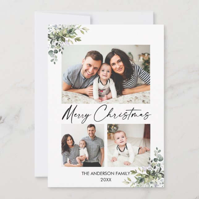 Cartes Pour Fêtes Annuelles Calligraphie Encre Script Verdure 3 Photo Noël (Devant)