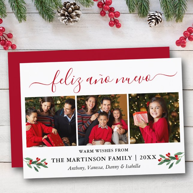 Cartes Pour Fêtes Annuelles Calligraphie Feliz Ano Nuevo 3 Photo Red Holly (Customize to add text to back of card.)