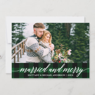 Cartes Pour Fêtes Annuelles Calligraphie Green Plaid Marié et Joyeux Mariage