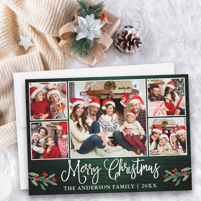 Cartes Pour Fêtes Annuelles Calligraphie Green Wood Holly 5 Photo Noël (Customize to add text to back of card.)