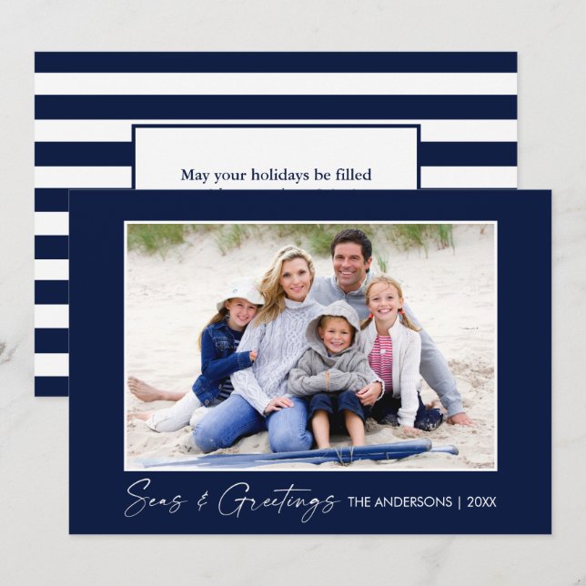 Cartes Pour Fêtes Annuelles Calligraphie Ink Seas et salutations Photo Blue (Devant / Derrière)