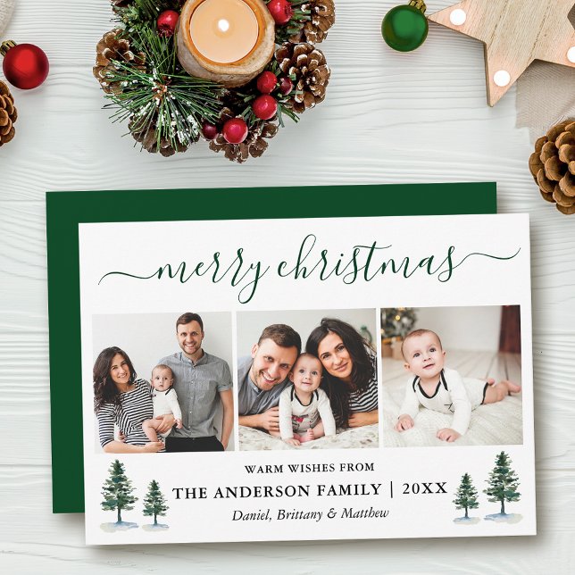 Cartes Pour Fêtes Annuelles Calligraphie Joyeux Noël 3 Photo Pins verts (Customize to add text to back of card or to change color of back of card.)