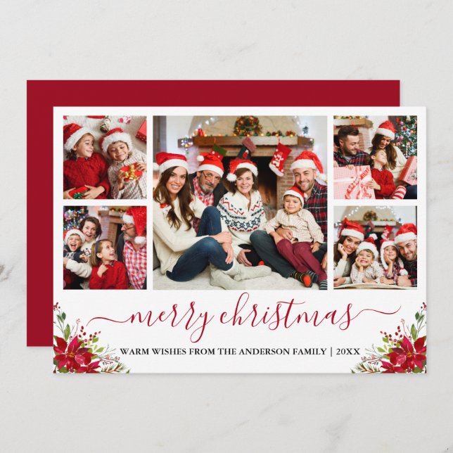 Cartes Pour Fêtes Annuelles Calligraphie Joyeux Noël 5 Photo Poinsettia (Devant / Derrière)