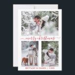 Cartes Pour Fêtes Annuelles Calligraphie Joyeux Noël Couple 3 Photo Rouge<br><div class="desc">Script moderne de calligraphie tendance Joyeux Noël 3 Photos Couple Carte de vacances - Script rouge</div>