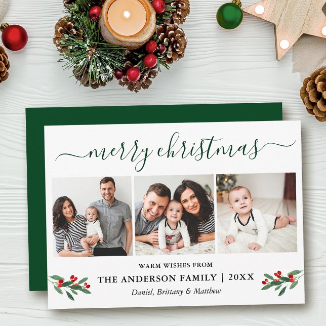 Cartes Pour Fêtes Annuelles Calligraphie Joyeux Noël Holly 3 Photo Vert (Customize to add text to back of card or to change color of back of card.)
