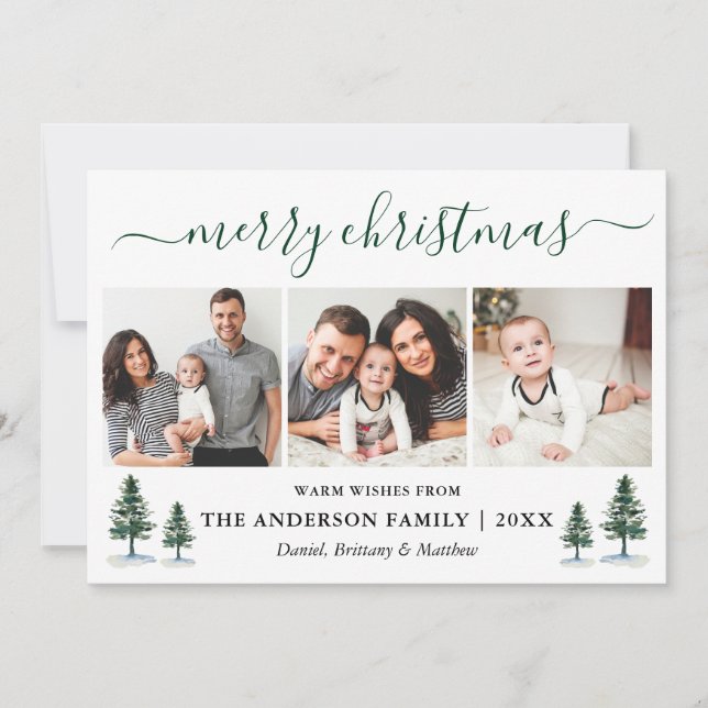 Cartes Pour Fêtes Annuelles Calligraphie Joyeux Noël Pins verts 3 Photo (Devant)