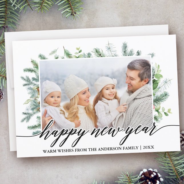 Cartes Pour Fêtes Annuelles Calligraphie Joyeux Nouvel An Pine Green Photo (Customize to add text to back of card.)