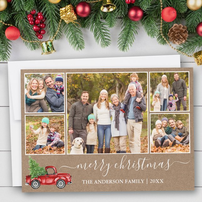 Cartes Pour Fêtes Annuelles Calligraphie Kraft Christmas Red Truck 5 Photo (Customize to add text to back of card.)