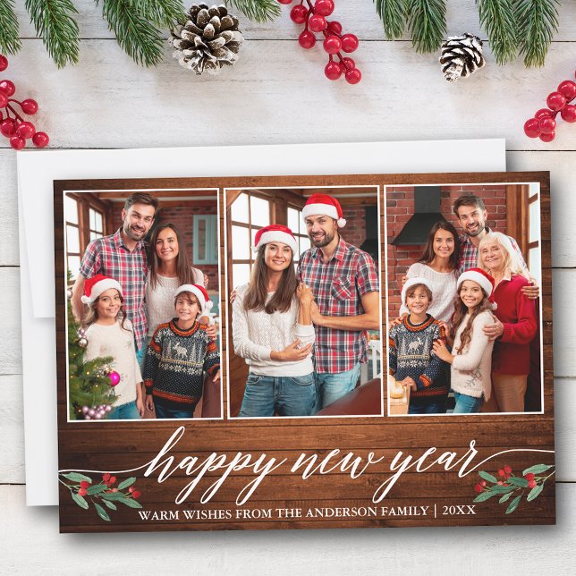 Cartes Pour Fêtes Annuelles Calligraphie moderne 3 Photo Bois Bonne année (Customize to add text to back of card.)