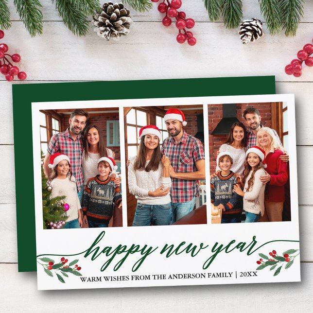 Cartes Pour Fêtes Annuelles Calligraphie moderne 3 Photo Joyeux nouvel an vert (Customize to add text to back of card or to change color of  back of card.)