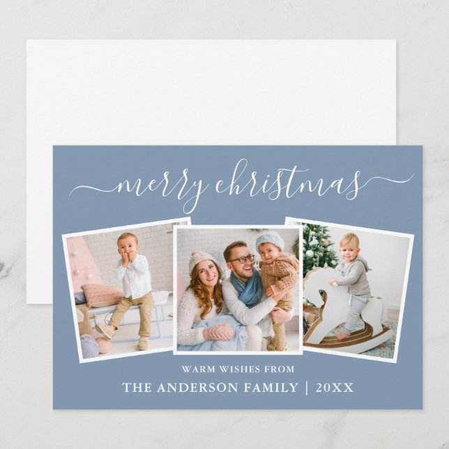 Cartes Pour Fêtes Annuelles Calligraphie moderne 3 Photo Noël bleu (Devant / Derrière)