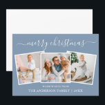 Cartes Pour Fêtes Annuelles Calligraphie moderne 3 Photo Noël bleu<br><div class="desc">Calligraphie moderne tendance Script 3 Photo Famille Photo Collage Joyeuse Carte de Noël - Dusty Blue</div>