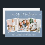 Cartes Pour Fêtes Annuelles Calligraphie moderne 3 Photo Noël bleu<br><div class="desc">Calligraphie moderne tendance Script 3 Photo Famille Photo Collage Joyeuse Carte de Noël - Dusty Blue</div>