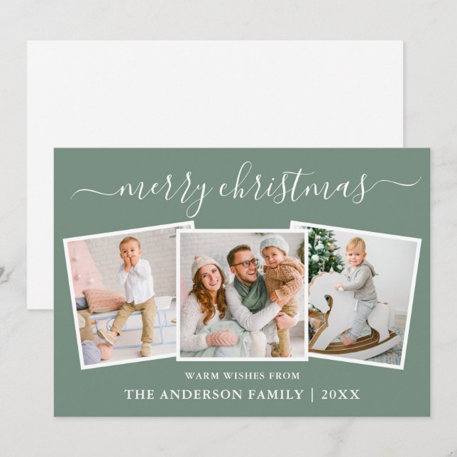 Cartes Pour Fêtes Annuelles Calligraphie moderne 3 Photo Noël Sage Vert (Devant / Derrière)
