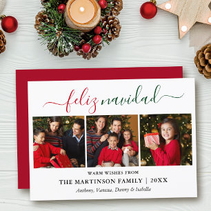 Cartes Pour Fêtes Annuelles Calligraphie moderne 3 Photo Rouge Vert Feliz Navi