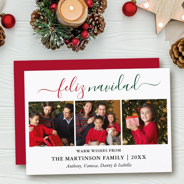Cartes Pour Fêtes Annuelles Calligraphie moderne 3 Photo Rouge Vert Feliz Navi (Customize to add text to back of card.)