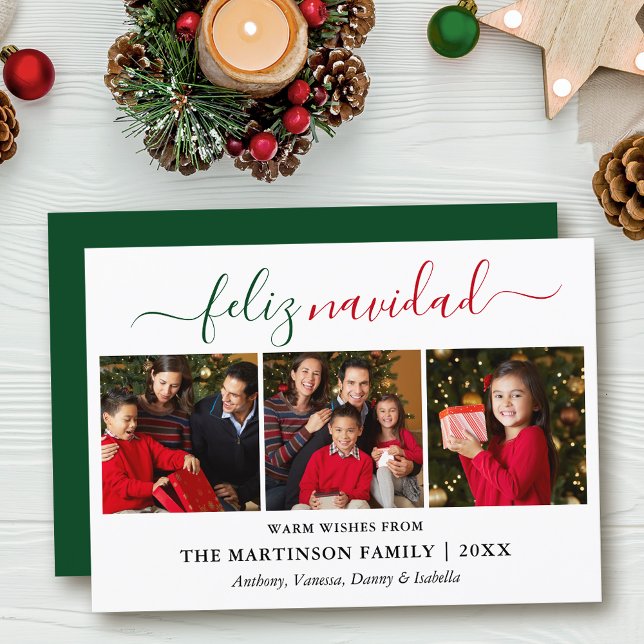 Cartes Pour Fêtes Annuelles Calligraphie moderne 3 Photo Vert Rouge Feliz Navi (Customize to add text to back of card.)