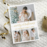 Cartes Pour Fêtes Annuelles Calligraphie moderne 4 Photo Joyeux Noël Or<br><div class="desc">Calligraphie moderne tendance Script 4 Photo Family Photo Collage Joyeux Noël Carte de vacances - Gold Texte</div>