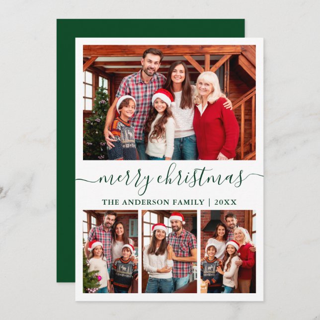 Cartes Pour Fêtes Annuelles Calligraphie moderne 4 Photo Vert Joyeux Noël (Devant / Derrière)