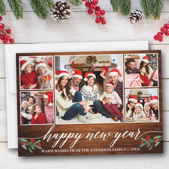 Cartes Pour Fêtes Annuelles Calligraphie moderne 5 Photo Bois Bonne année (Customize to add text to back of card.)