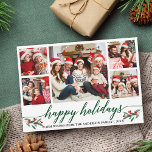 Cartes Pour Fêtes Annuelles Calligraphie moderne 5 Photo Collage Famille<br><div class="desc">Calligraphie moderne Script 5 Photo Famille Photo Collage Happy Holidays Card inclut Watercolor Christmas Holly Berries</div>