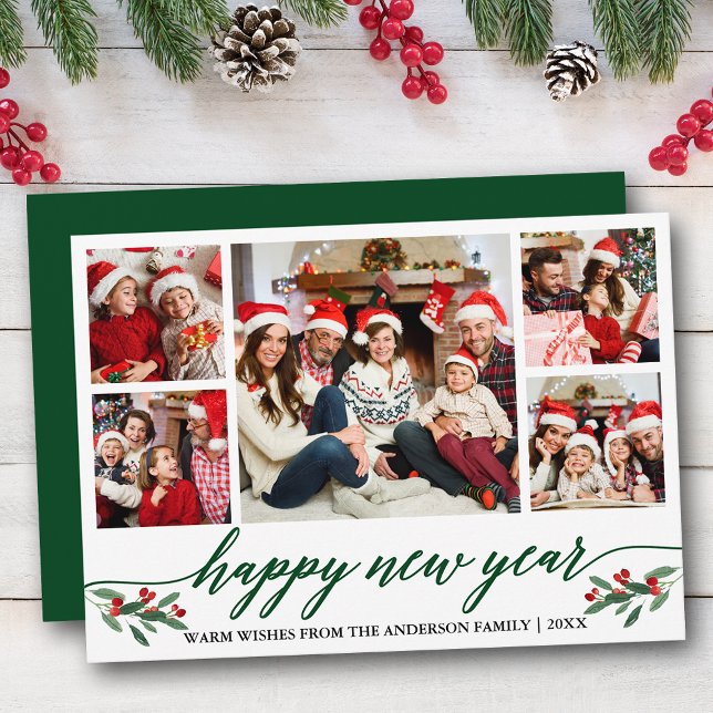 Cartes Pour Fêtes Annuelles Calligraphie moderne 5 Photo Joyeux Nouvel An Vert (Customize to add text to back of card.)