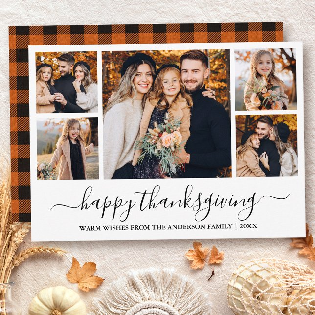 Cartes Pour Fêtes Annuelles Calligraphie moderne 5 Photo Plaid Thanksgiving (Customize to change text size or style.)