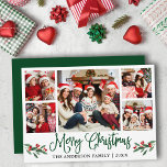 Cartes Pour Fêtes Annuelles Calligraphie moderne amusante 5 Photo Noël Vert<br><div class="desc">Calligraphie de script moderne amusante 5 Photo Collage de photos de famille Carte de Noël comprend Baies de houx de Noël aquarelle - Script vert</div>