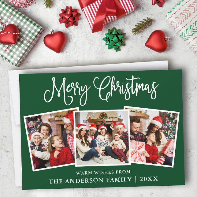 Cartes Pour Fêtes Annuelles Calligraphie moderne amusante Noël 3 Photo verte (Customize to add text to back of card or to change background color of card.)