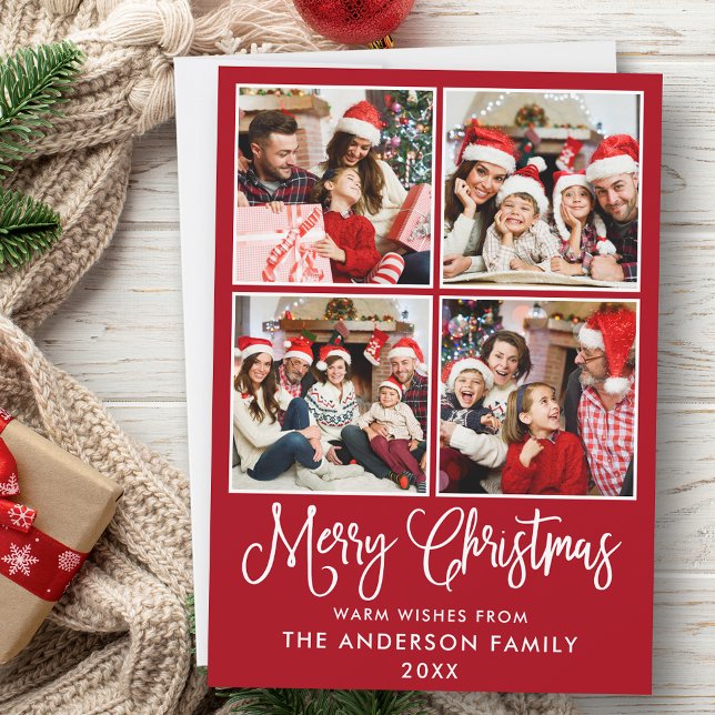 Cartes Pour Fêtes Annuelles Calligraphie moderne amusante Noël 4 Photos Rouge (Customize to add text to back of card.)