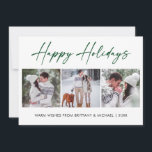 Cartes Pour Fêtes Annuelles Calligraphie moderne Encre verte 3 Photo Couple<br><div class="desc">Moderne minimaliste Élégance Calligraphie encre stylo manuscrit Joyeux Vacances 3 Photo Carte de vacances - Script vert</div>