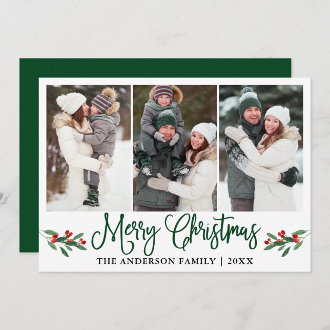 Cartes Pour Fêtes Annuelles Calligraphie moderne Green Christmas Holly 3 Photo (Devant / Derrière)
