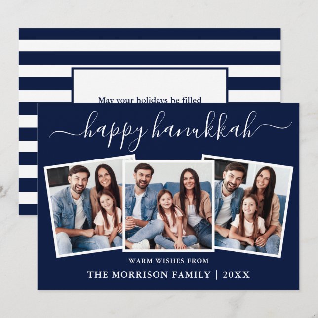 Cartes Pour Fêtes Annuelles Calligraphie moderne Hanoukka Blue Stripes 3 Photo (Devant / Derrière)