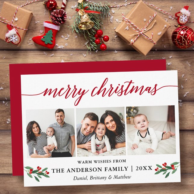 Cartes Pour Fêtes Annuelles Calligraphie moderne Holly Christmas 3 Photo Rouge (Customize to add text to back or to change color of back of card.)