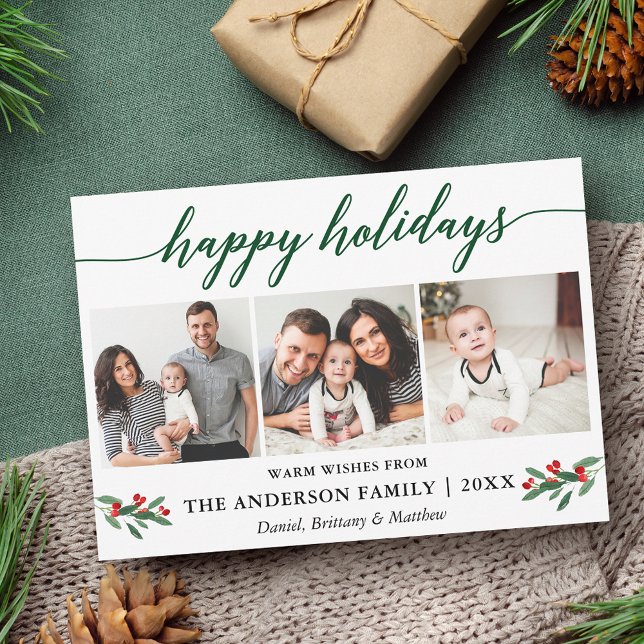 Cartes Pour Fêtes Annuelles Calligraphie moderne Holly Green 3 Photo (Customize to add text to back of card.)