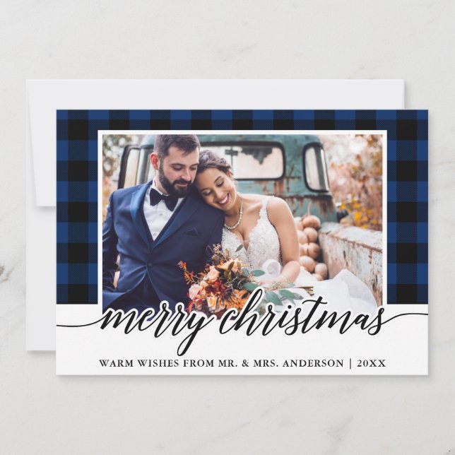 Cartes Pour Fêtes Annuelles Calligraphie moderne Mariage bleu plaid photo (Devant)