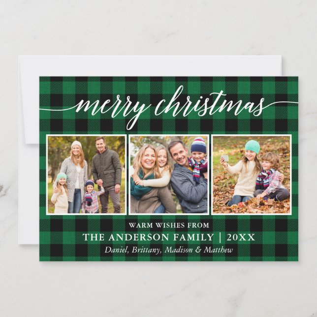 Cartes Pour Fêtes Annuelles Calligraphie moderne Noël 3 Photo Green Plaid (Devant)