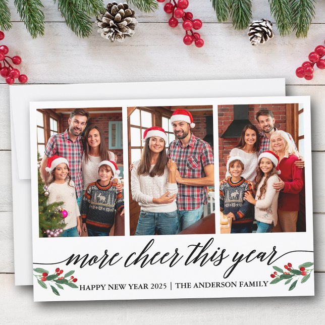 Cartes Pour Fêtes Annuelles Calligraphie moderne plus de joie cette année 3 ph (Customize to add text to back of card.)