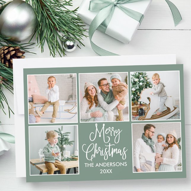 Cartes Pour Fêtes Annuelles Calligraphie moderne Sage Green 5 Photo Noël (Customize to change background color of card or to add text to back of card.)