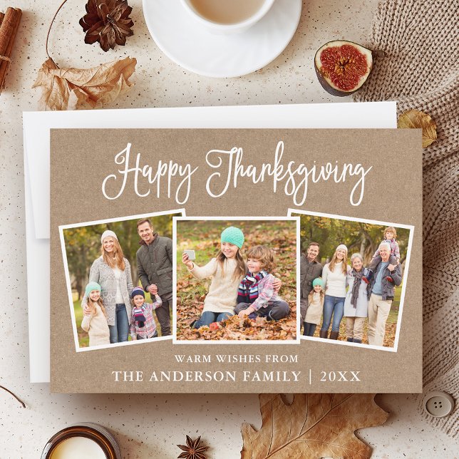 Cartes Pour Fêtes Annuelles Calligraphie moderne Thanksgiving Kraft 3 Photo (Customize to add more text or photos to back of card.)