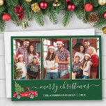 Cartes Pour Fêtes Annuelles Calligraphie Noël 3 Photo Red Truck Green<br><div class="desc">Calligraphie moderne Script 3 Photo Famille Photo Collage Joyeux Noël Carte inclut Watercolor Vintage Camion rouge avec arbre - Arrière - plan vert de forêt</div>