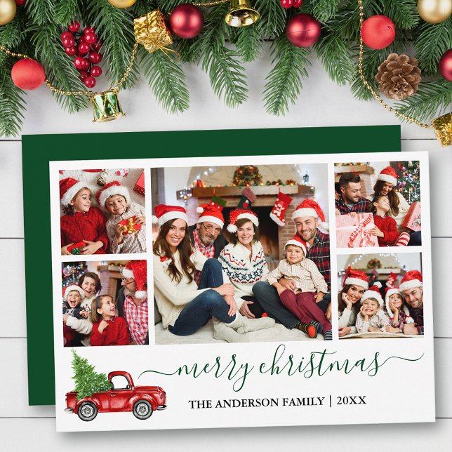 Cartes Pour Fêtes Annuelles Calligraphie Noël Camion rouge 5 photo vert (Customize to add text to back of card or to change color of back of card.)