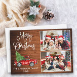 Cartes Pour Fêtes Annuelles Calligraphie Noël Camion Vintage 2 Photo Bois<br><div class="desc">Script de calligraphie moderne Joyeux Noël 2 Photo Carte de vacances - Aquarelle Vintage Camion rouge avec arbre de Noël - Russe Pays Bois</div>
